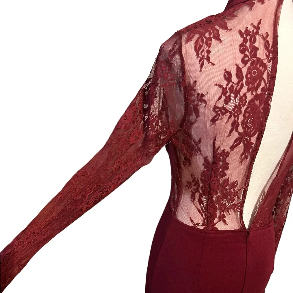 TOBI High Neck Backless Maroon Bodycon Dress w/ See-Thru Lace - Picture 5 of 13